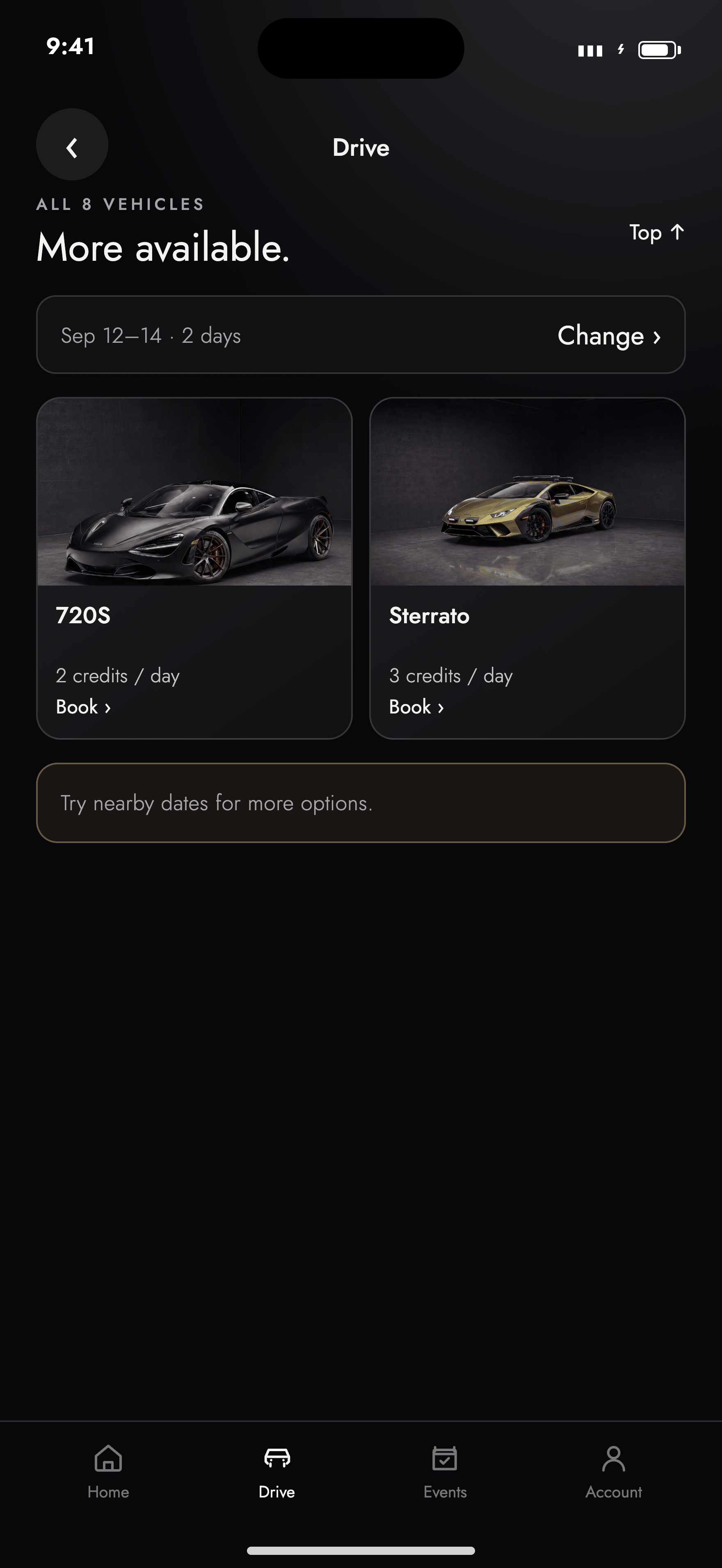 Ark app fleet showing the McLaren 720S Drive Credit requirement