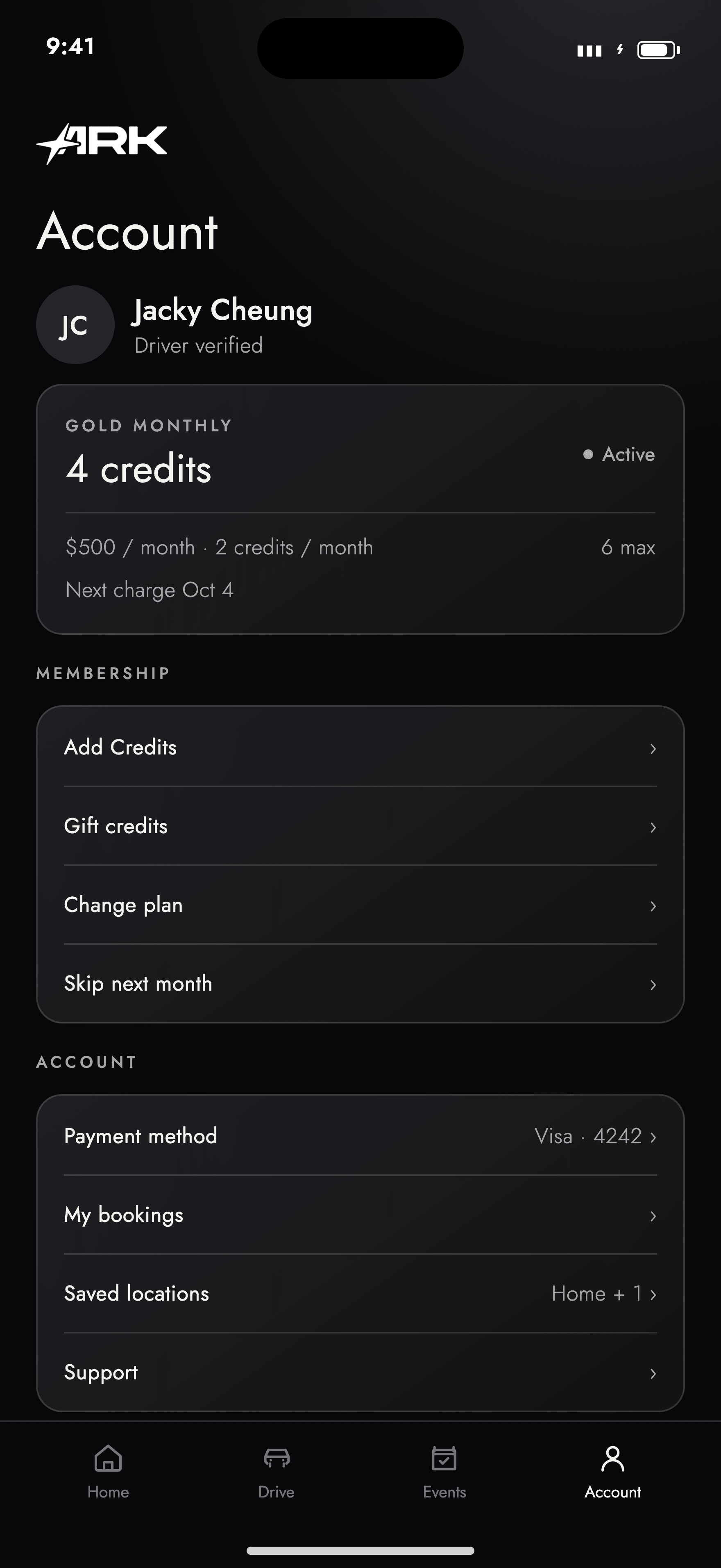 Ark app account with membership and Drive Credit balance