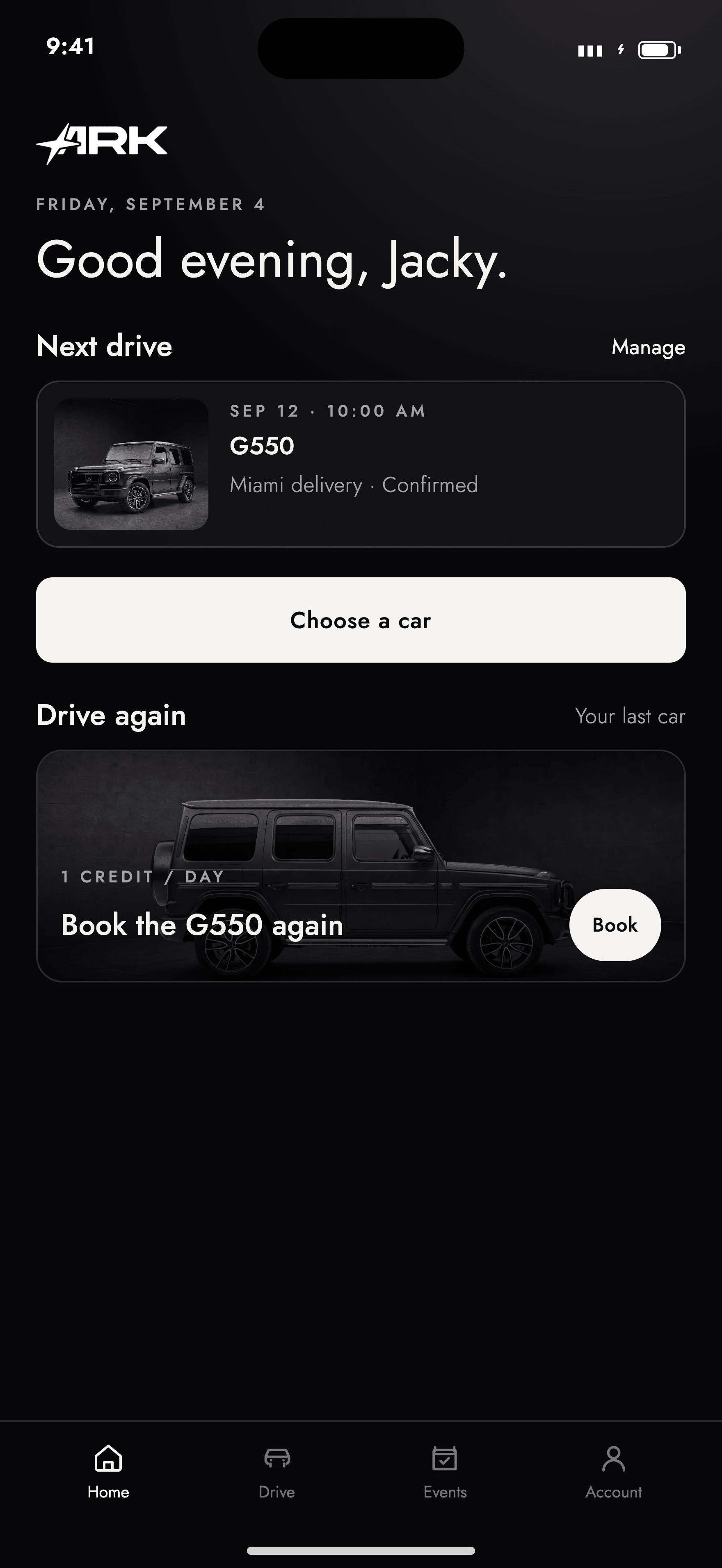 Ark app home screen with the next booking action