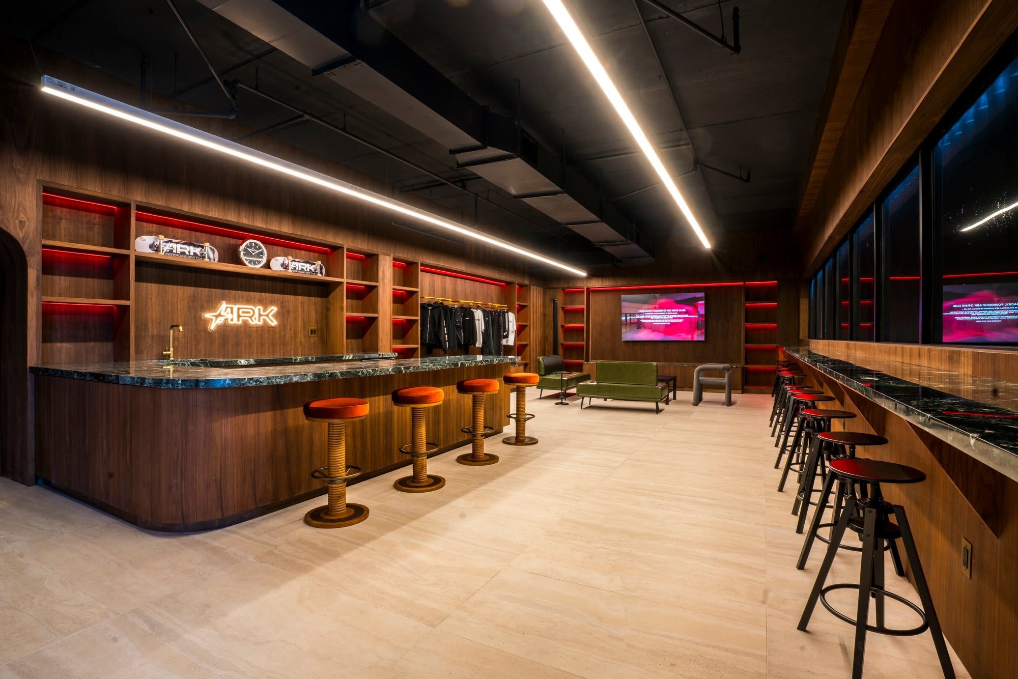 Full garage bar and member seating inside the Ark Safe House
