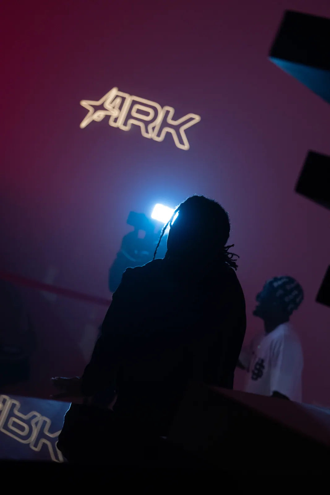 Silhouette under the Ark neon sign