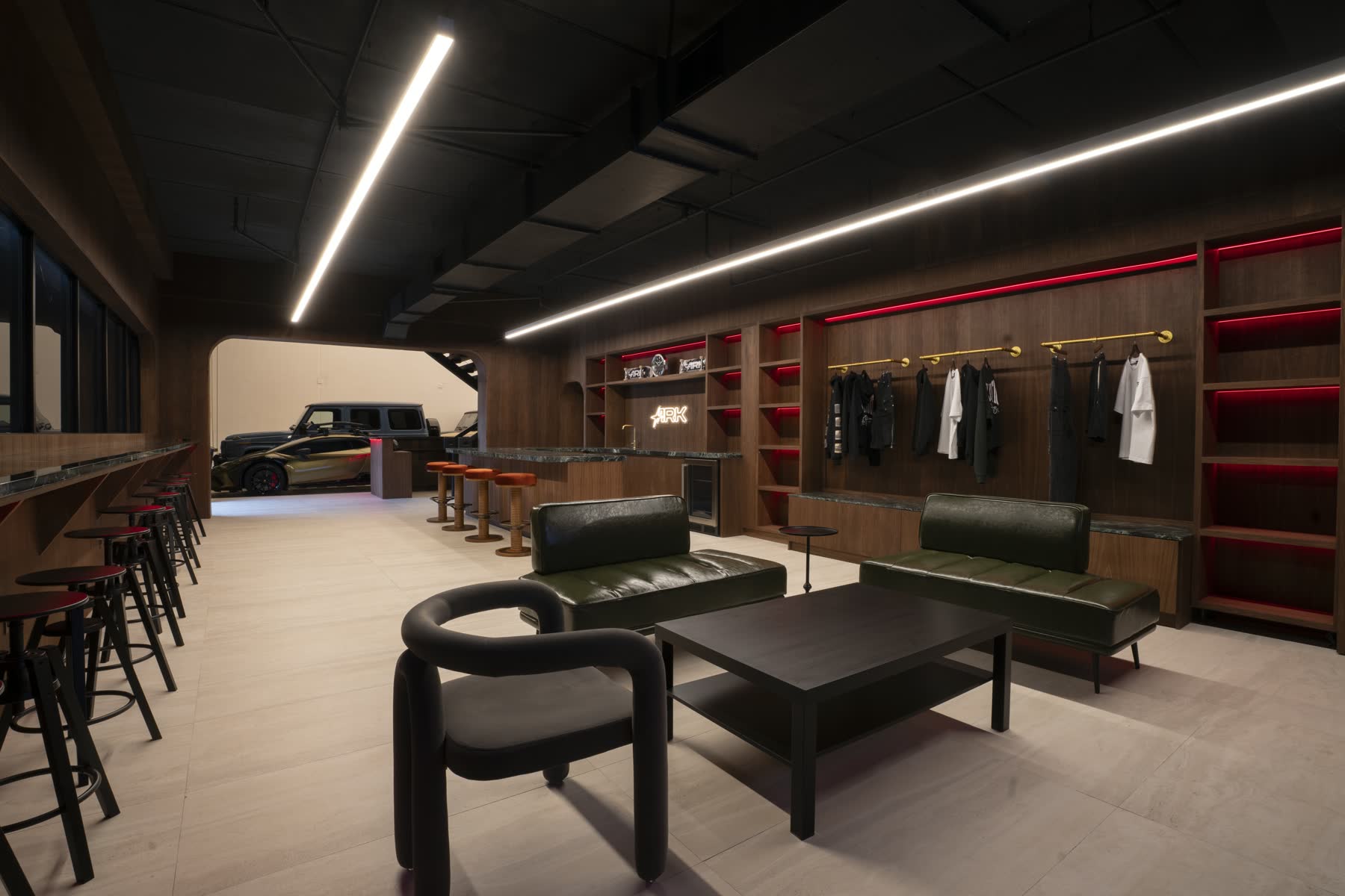 Ground-floor event lounge and seating inside the Safe House garage